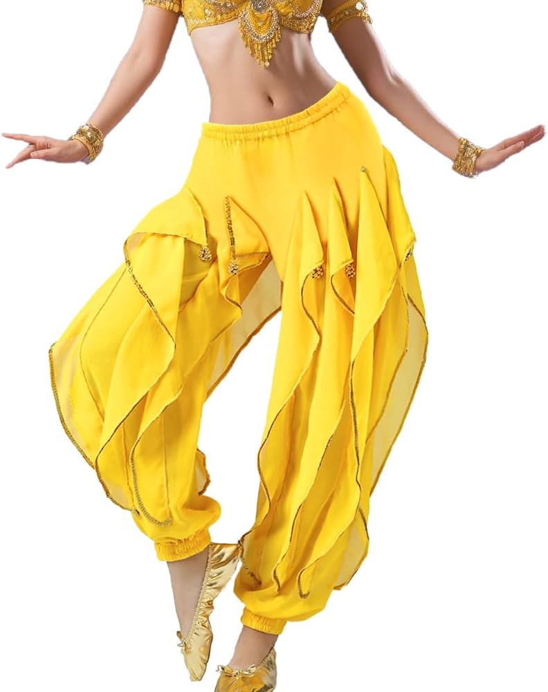 Rivoxi Women‘s Belly Dance Harem Pants with Golden Trim High Waist Stretchy Pants for Yoga Practice Stage Performance - Image 1